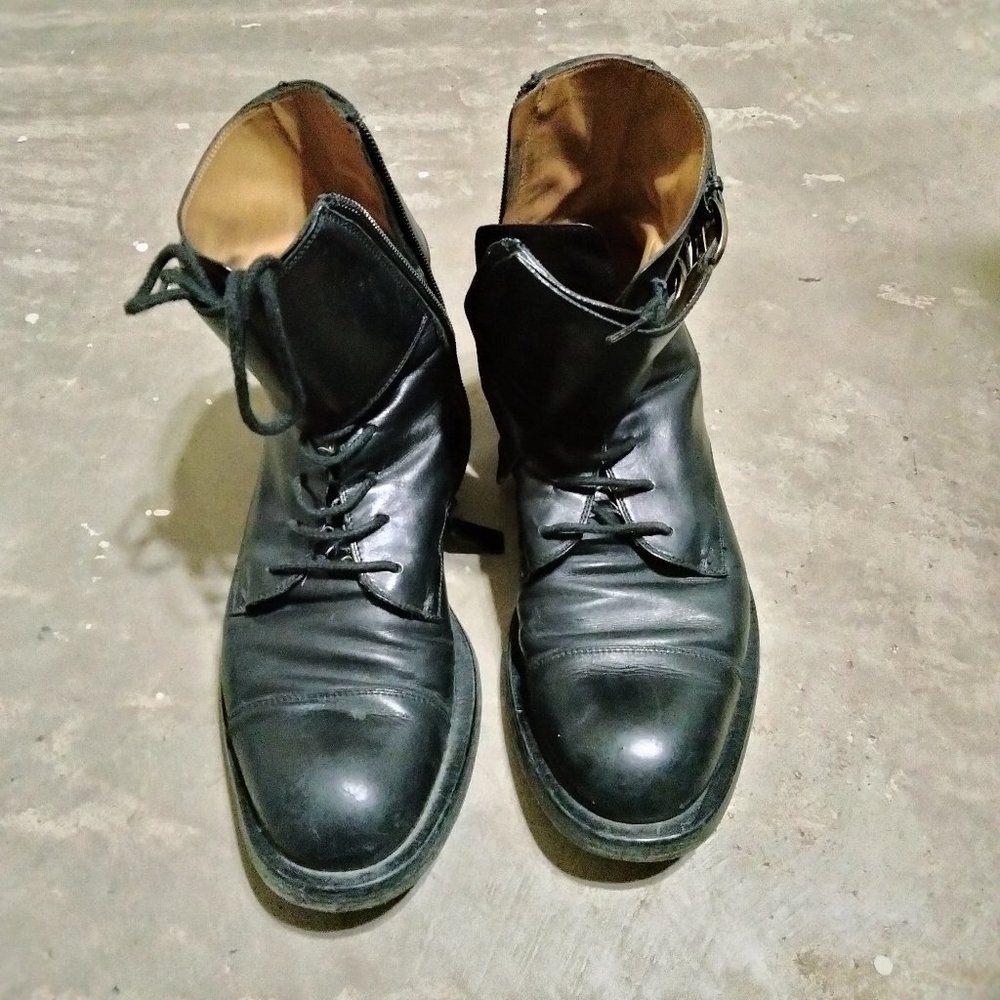 GUCCI 325854 Double Buckle Military Boots Zip Up Size 10 Used Black Leather